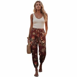 Boho Floral Harem Pants Burgundy Elastic Waist Joggers XL Hippie Festival Chic